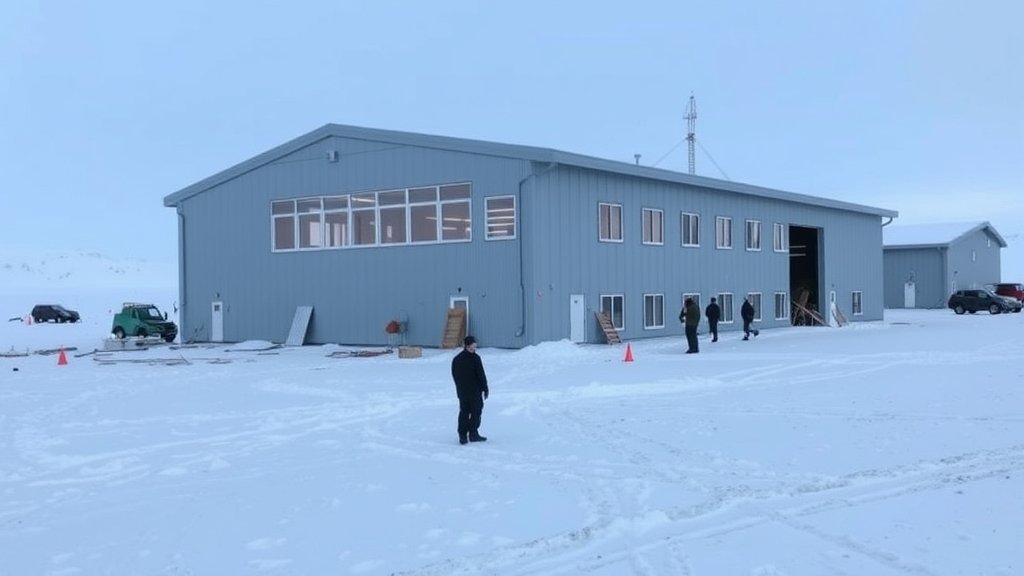 A photo of the Novolazarevskaya Station in Antarctica with a new storage facility under construction, with scientists and researchers working in the background, surrounded by snow and ice.