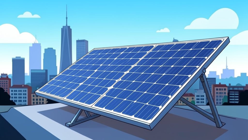 An illustration of a solar panel with a cityscape in the background, highlighting the potential of solar energy to power urban areas