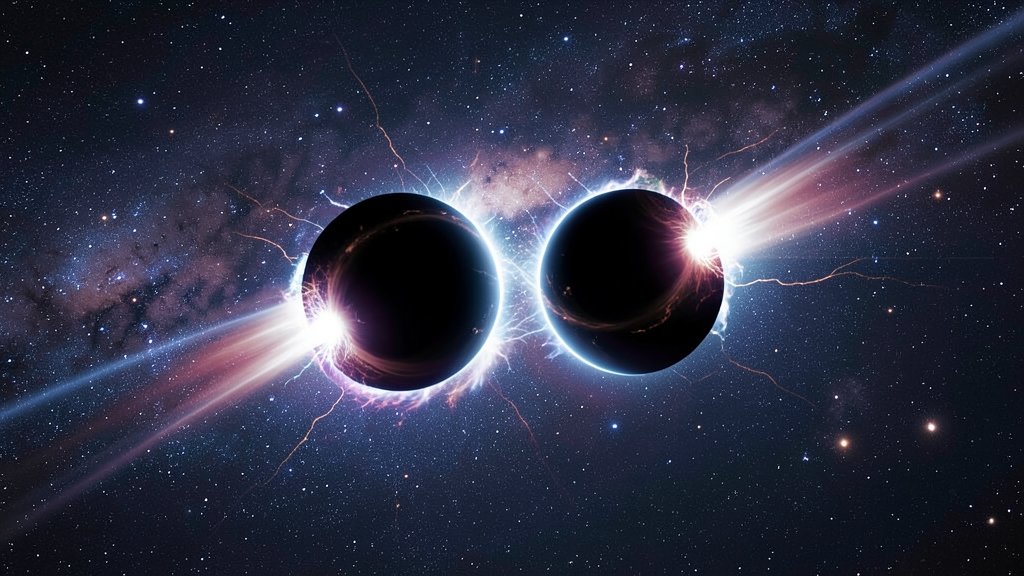 An artistic representation of two black holes orbiting each other, with shock waves and jets of energy emanating from them, set against a backdrop of a distant galaxy 4 billion light-years away.