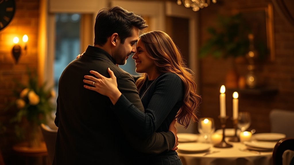 A romantic couple embracing in a warm and cozy environment, with a candlelit dinner table in the background, conveying a sense of intimacy and connection.