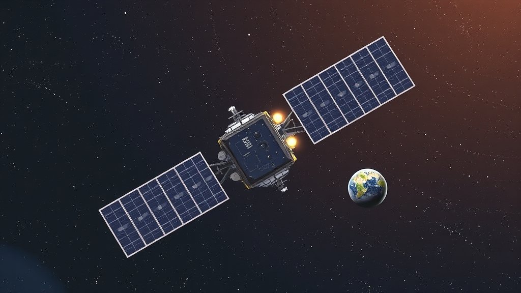 An illustration of the Pandora satellite in space, with a background of stars and planets, and a small Earth in the distance.