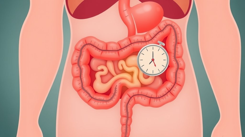 An illustration of the human gut with a subtle clock or aging symbol in the background, highlighting the connection between the gut and aging.