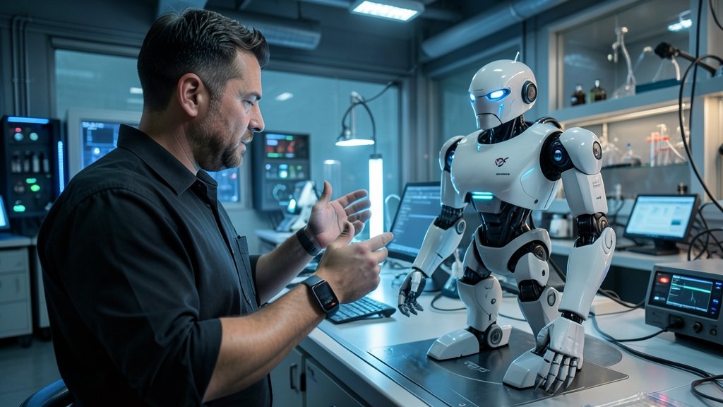 A person wearing a smartwatch and controlling a robot with hand gestures in a futuristic laboratory setting