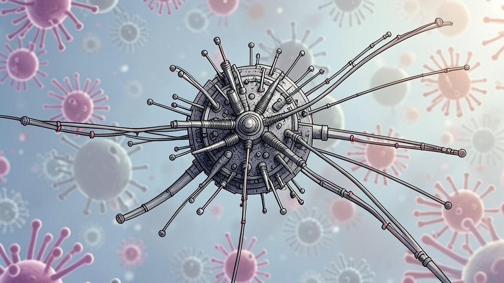 An illustration of a bacterial flagellar motor, showing its complex structure and components, with a background of bacterial cells swimming using their flagella.