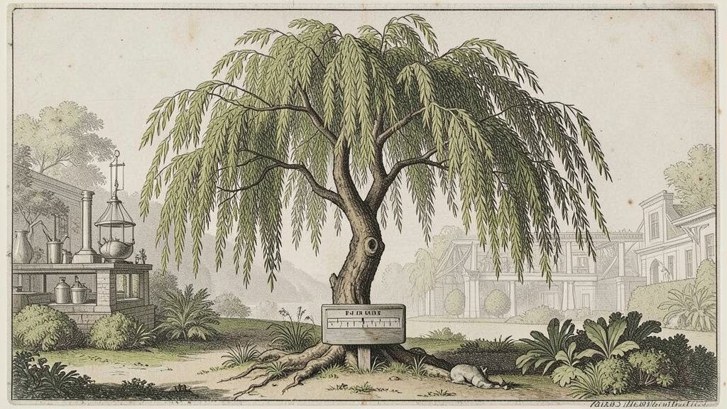 A 17th-century illustration of a willow tree with a measuring device to calculate its weight, with a subtle background of a laboratory or a botanical garden.