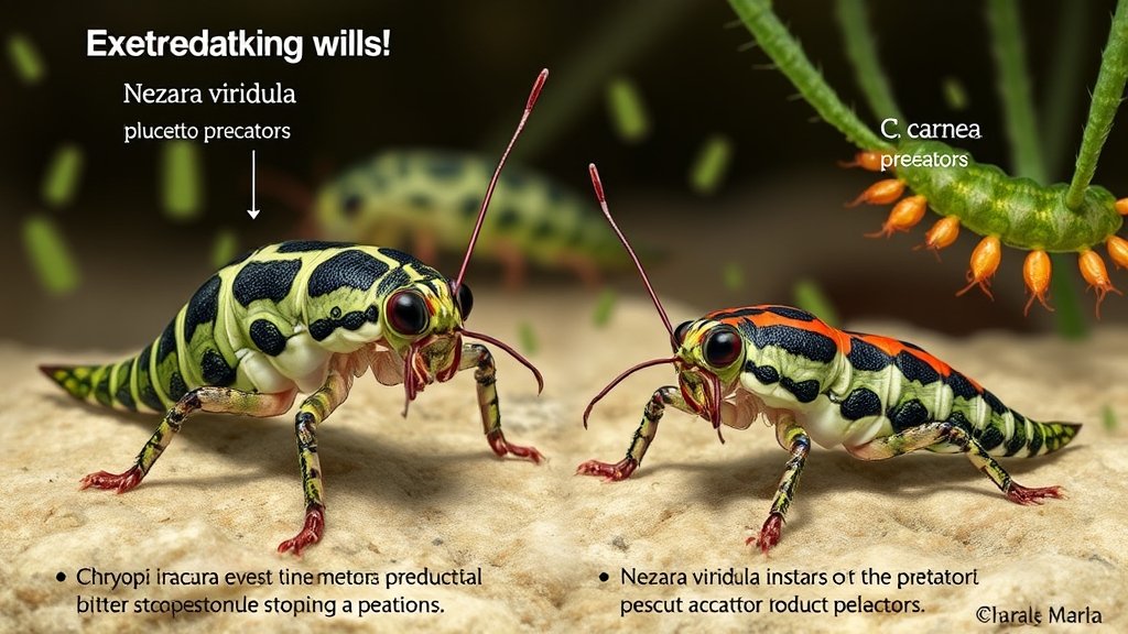 A detailed illustration of Chrysoperla lucasina and C. carnea predators in a natural setting, with Nezara viridula instars in the background, highlighting the differences in their predation behavior.