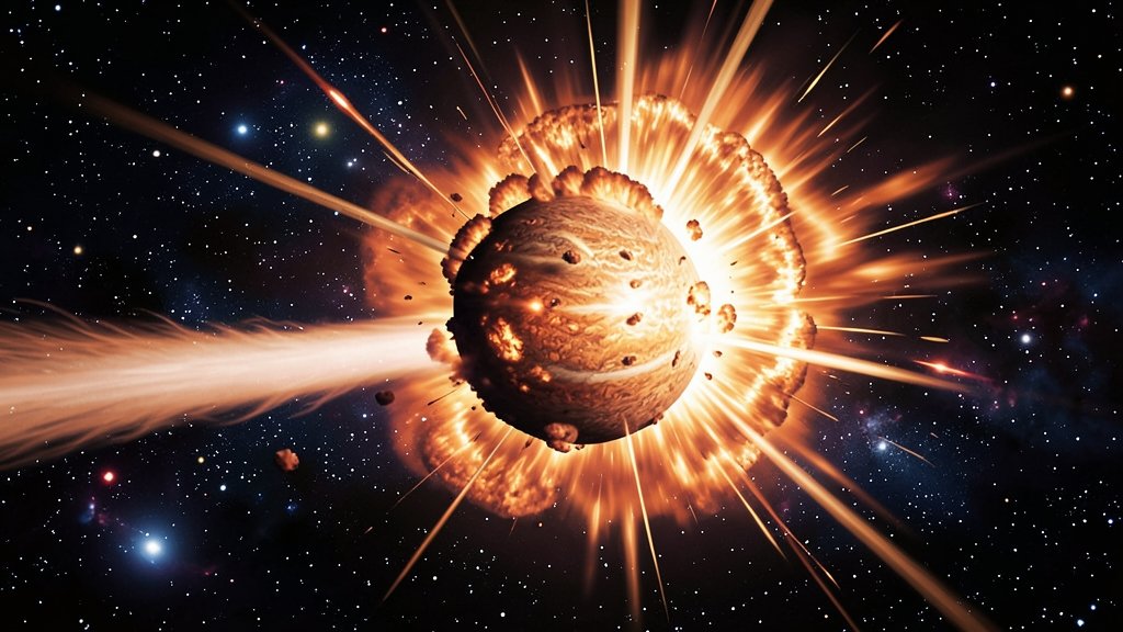 An illustration of a supernova explosion in space, with a massive star exploding in the background and a shockwave propagating through the cosmos.