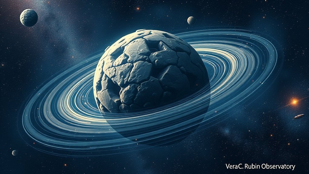 An illustration of a massive asteroid spinning rapidly in space, with stars and galaxies in the background, and a subtle hint of the Vera C. Rubin Observatory in the corner.