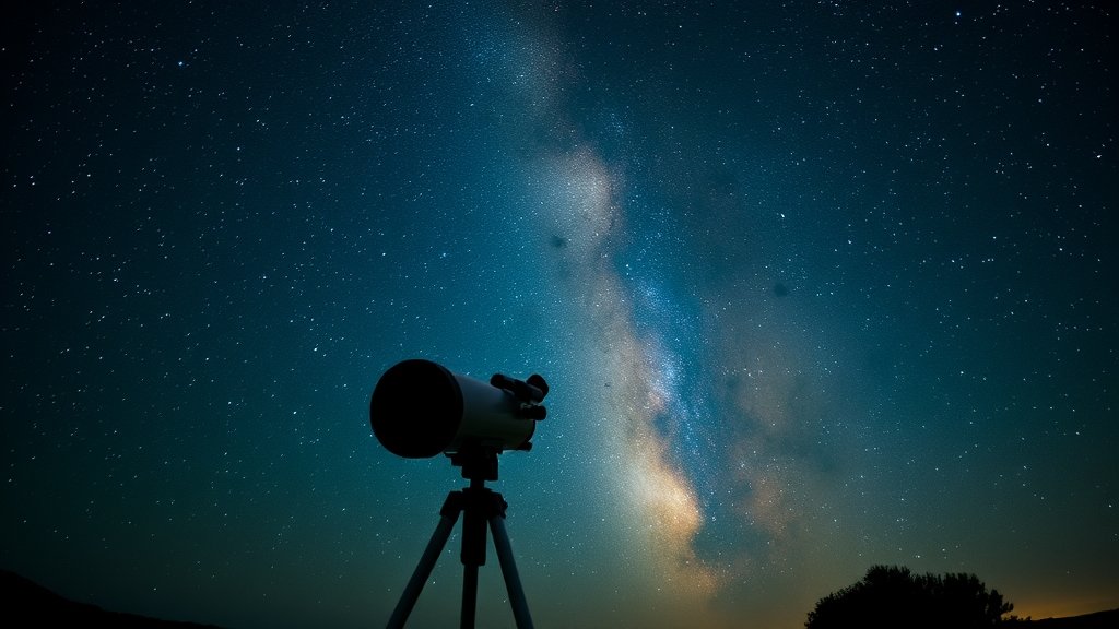 A high-quality image of a person gazing up at the night sky, with a telescope or binoculars in hand, surrounded by a beautiful landscape of stars and constellations.