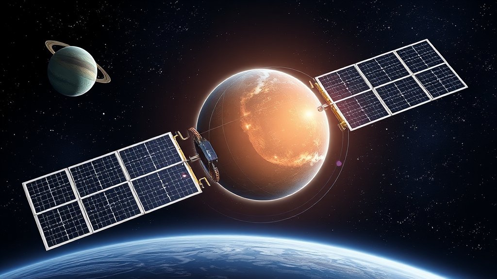 A detailed illustration of the Pandora satellite and CubeSats in space, with a background of stars and exoplanets, highlighting the mission's objective to explore exoplanets and understand their habitability.