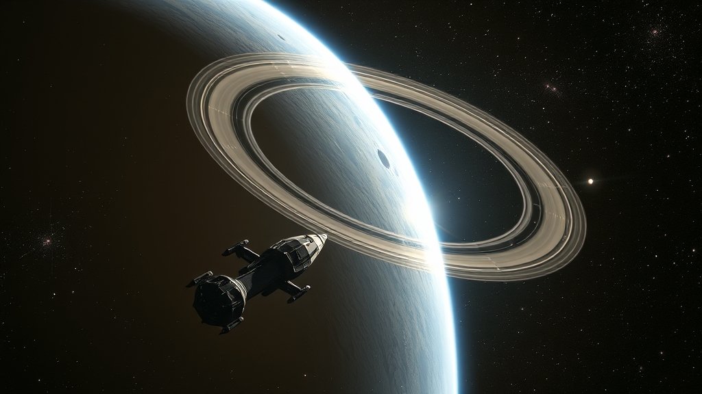 An artist's illustration of a distant exoplanet with a stunning ring system, surrounded by stars and galaxies, with a spaceship in the foreground, symbolizing the quest for discovering new worlds.