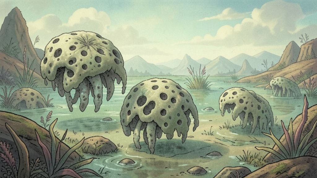An illustration of early sponge-like animals in a primordial ocean, with a subtle background of Earth's early landscape