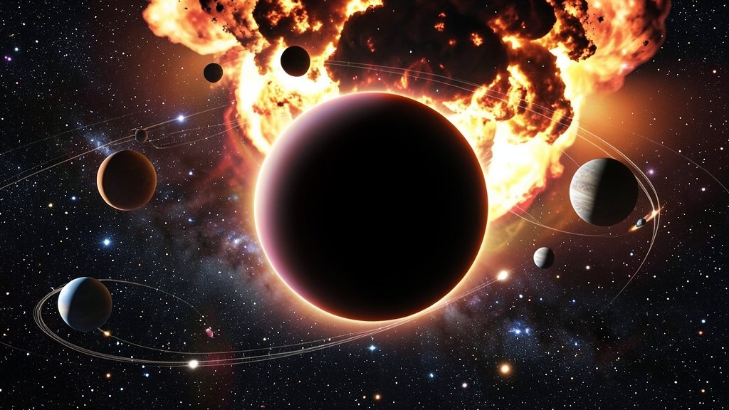 A dramatic illustration of a supermassive black hole at the center of a galaxy, with stars and planets orbiting around it, and a massive explosion or cataclysmic event in the background.