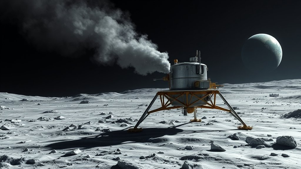 A realistic illustration of a lunar lander on the surface of the Moon, with a plume of methane exhaust in the background, and a subtle hint of the Earth in the distance.