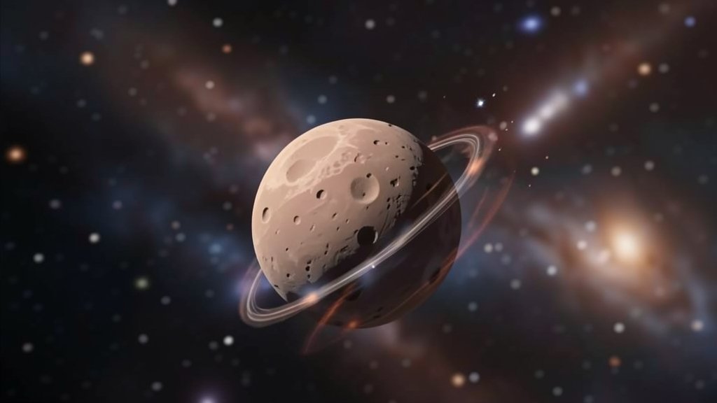 An illustration of asteroid 2025 MN45 spinning rapidly in space, with a blurred background of stars and galaxies.