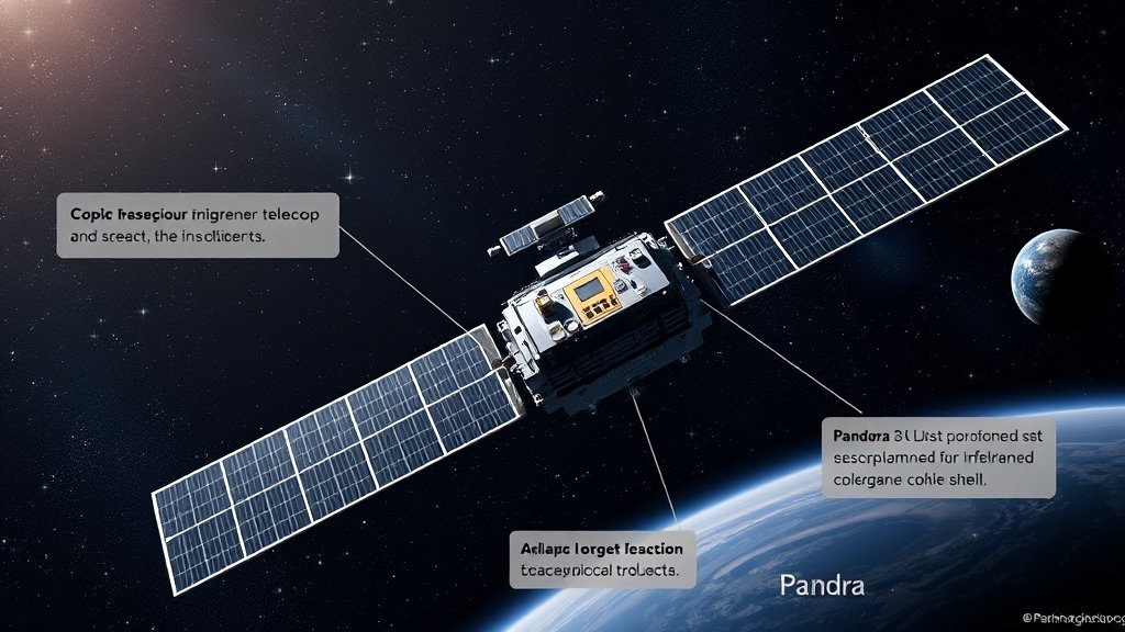 A detailed illustration of the Pandora satellite in space, with a backdrop of stars and exoplanets, highlighting its advanced telescope and instrumentation.