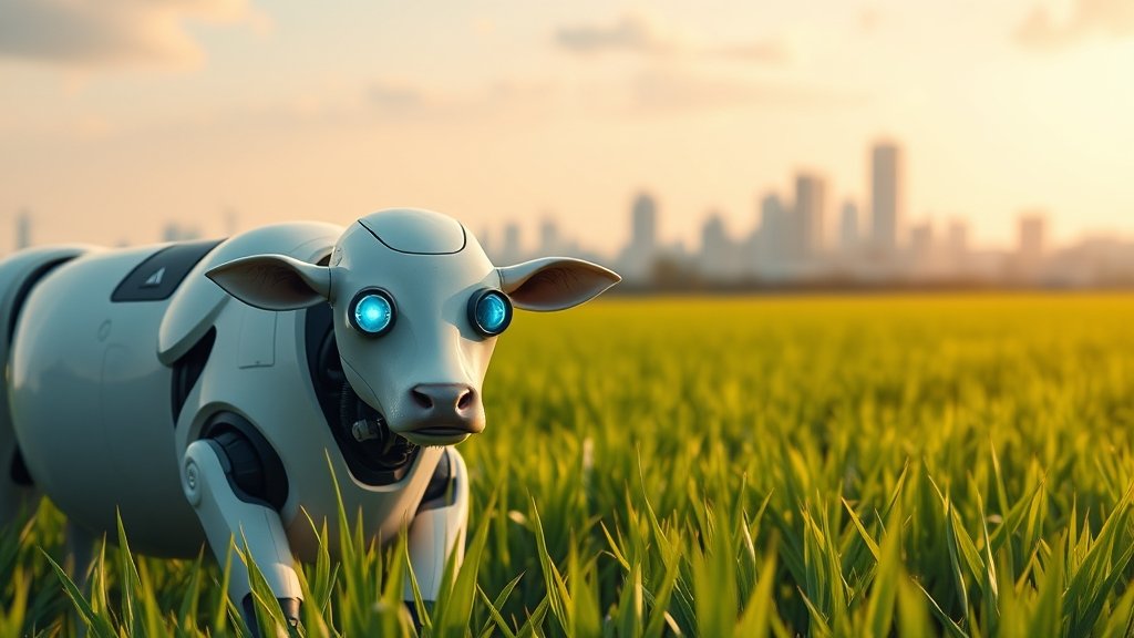 A futuristic image of a grazing robot with smart eyes in a green pasture, with a cityscape in the background, highlighting the intersection of technology and agriculture.