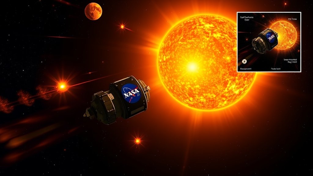 An illustration of the NASA spacecraft approaching the Sun, with a bright corona and solar flares in the background, and a small inset of the spacecraft's instrument payload.