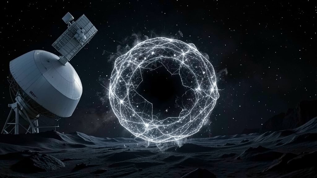 An artist's impression of a ghost galaxy made of dark matter, with the Hubble telescope in the background