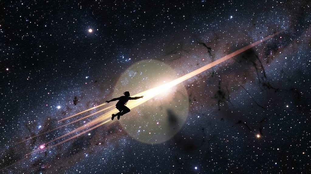 An illustration of a runaway star moving through the Milky Way galaxy, with a subtle representation of dark matter's presence