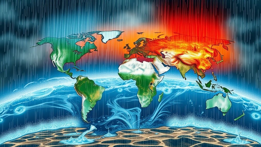 A dramatic illustration of a changing global climate, with intense rain showers and droughts affecting different parts of the world, highlighting the unpredictability of future rainfall patterns.