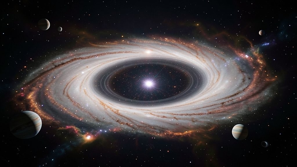 A high-resolution image of a giant cosmic disk with a star at its center, surrounded by a halo of gas and dust, with a few planets in formation