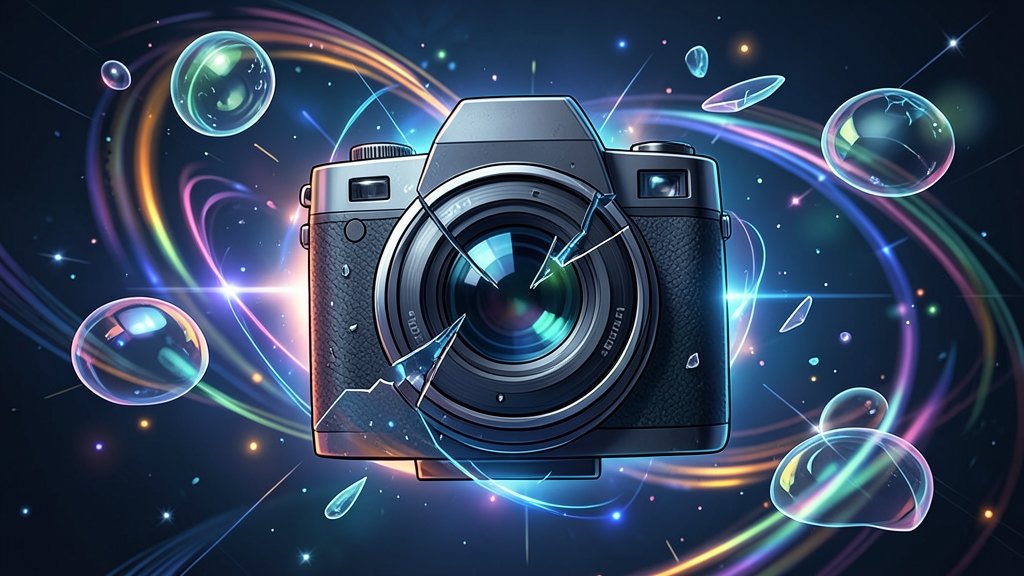 A futuristic illustration of a camera or microscope with broken optical lenses, surrounded by swirling lights and abstract shapes, symbolizing the innovative and rule-breaking nature of the new imaging technology.