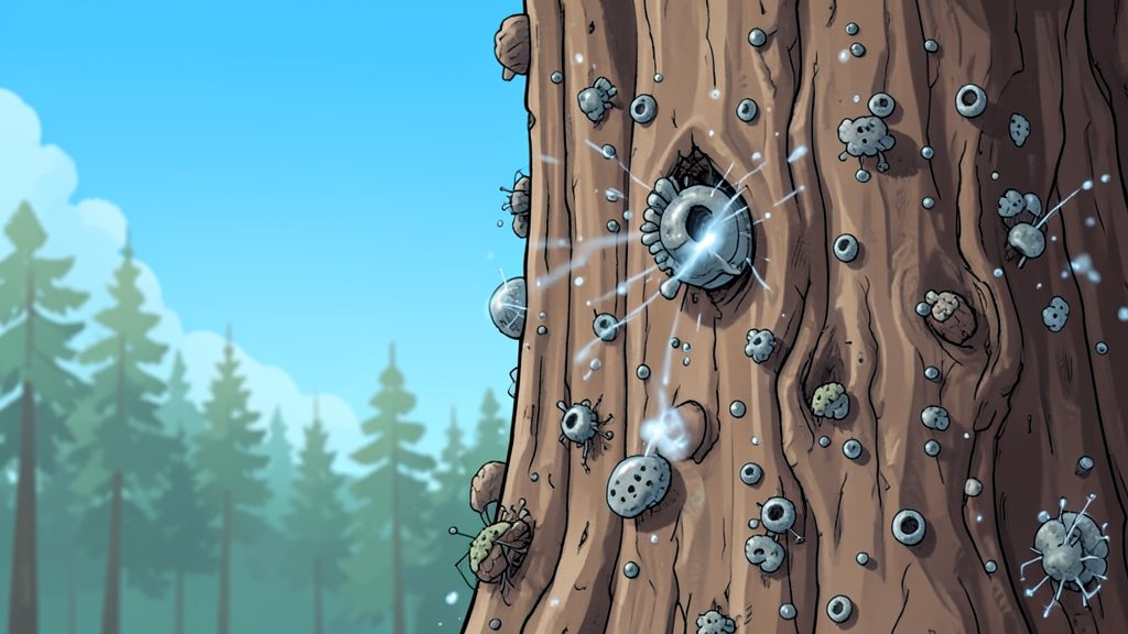 An illustration of tree bark with microbes consuming greenhouse gases, with a subtle background of a forest and a clear blue sky.