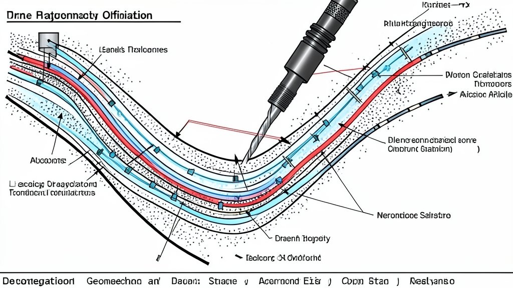 An illustration of a drilling operation with a complex wellbore trajectory, highlighting the integration of geomechanical and drill string trajectory optimization.