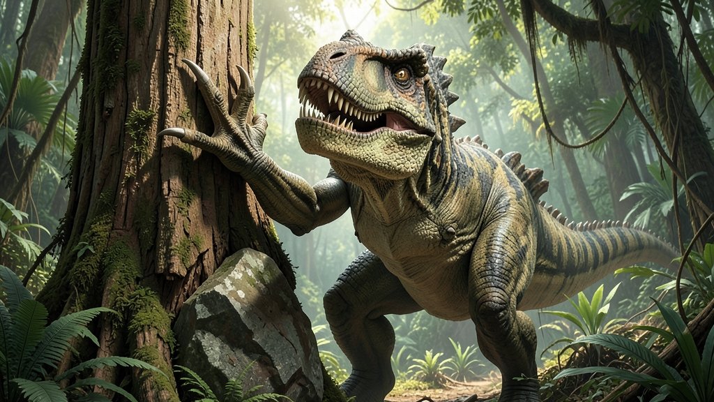 A realistic illustration of a dinosaur with sharp claws and strong arms, gripping a tree trunk or a rock, with a lush prehistoric forest in the background.