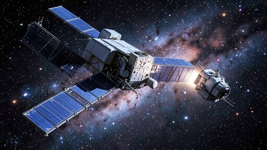 A dramatic illustration of the International Space Station with a spacecraft undocking in the background, symbolizing an emergency medical evacuation, set against a stunning galaxy backdrop.