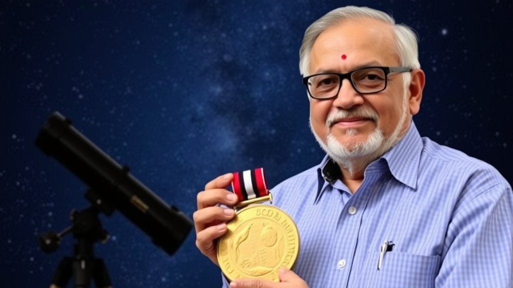 A photo of Dr. Shri Kulkarni with the Gold Medal award, with a background of stars, planets, or a telescope, representing his contributions to astronomy.