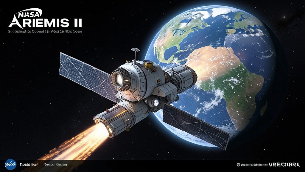 An illustration of the NASA Artemis II spacecraft approaching the Moon, with the Earth in the background, highlighting the mission's significance and technological advancements.