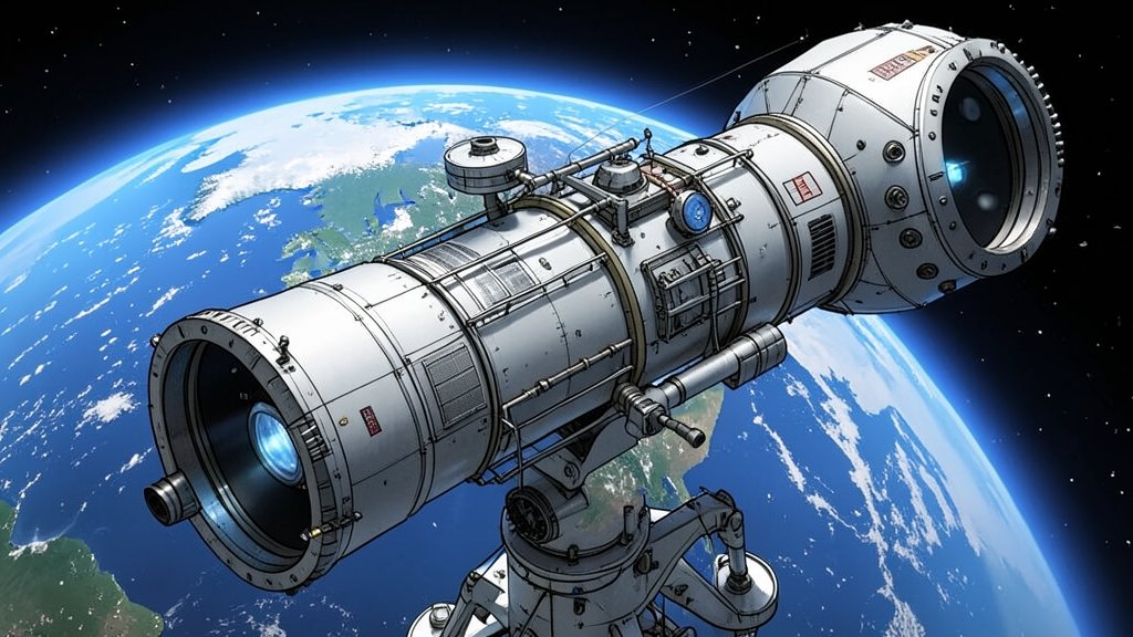A detailed illustration of the Lazuli telescope in space, with the Earth in the background, showcasing its massive size and advanced technology.