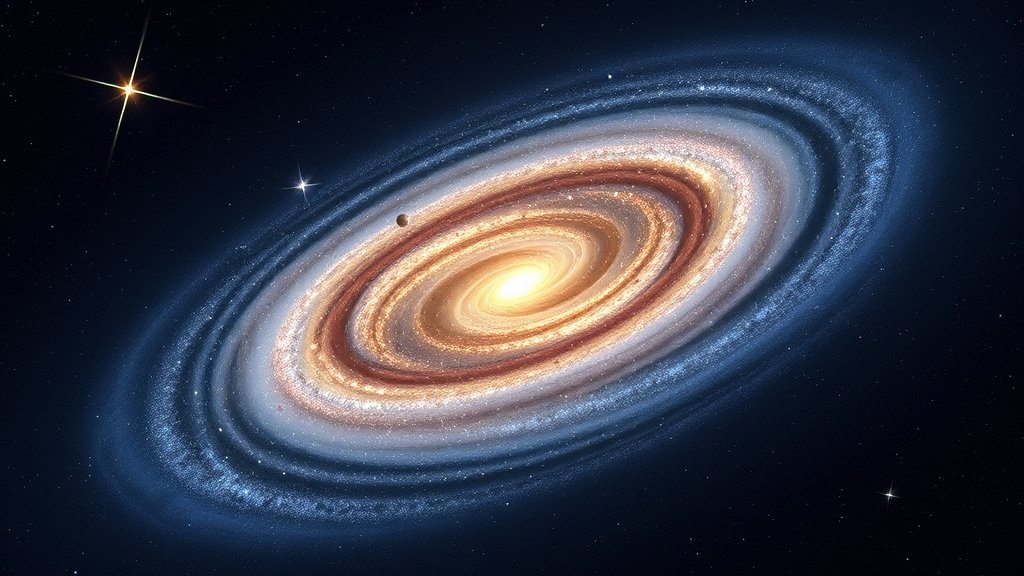 An artist's illustration of a platypus galaxy with a mix of spiral and elliptical features, set against a deep space background with stars and other galaxies.