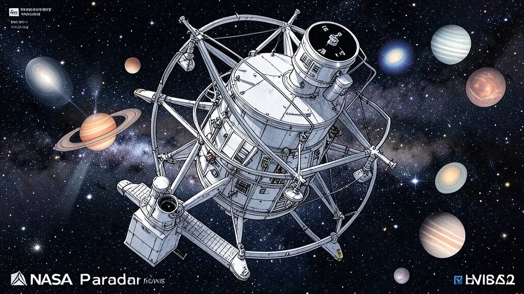 A detailed illustration of the NASA Pandora telescope in space, with a stars and exoplanets in the background, showcasing the telescope's advanced technology and capabilities.