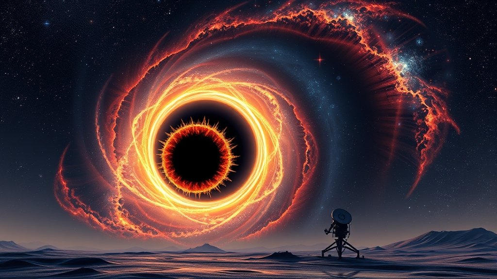 An illustration of a massive black hole at the center of a galaxy, with a star being shredded and releasing an enormous amount of energy, while a radio telescope in the foreground observes the phenomenon.