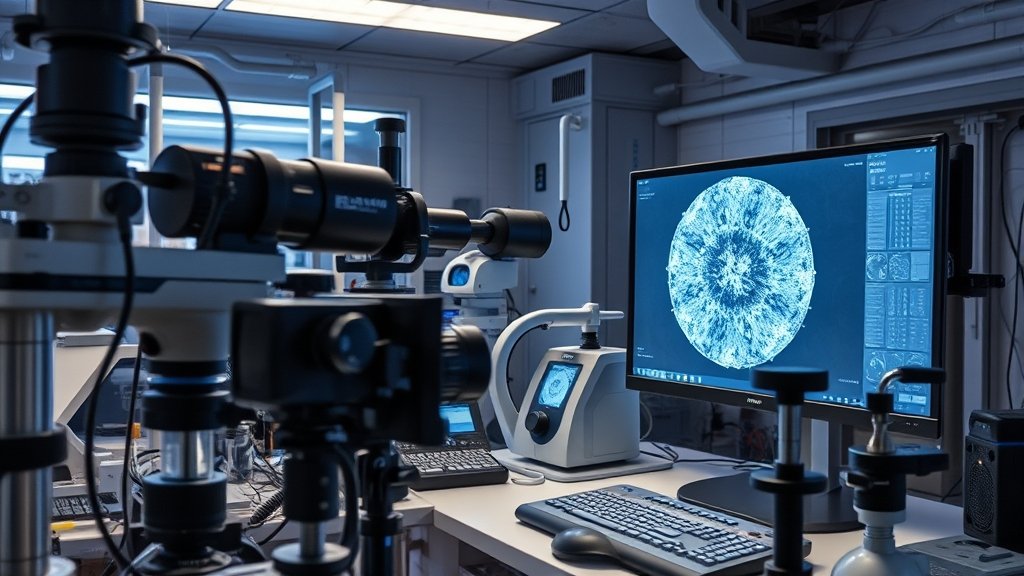 A futuristic laboratory setting with a researcher examining a high-resolution image on a computer screen, surrounded by various optical instruments and devices.