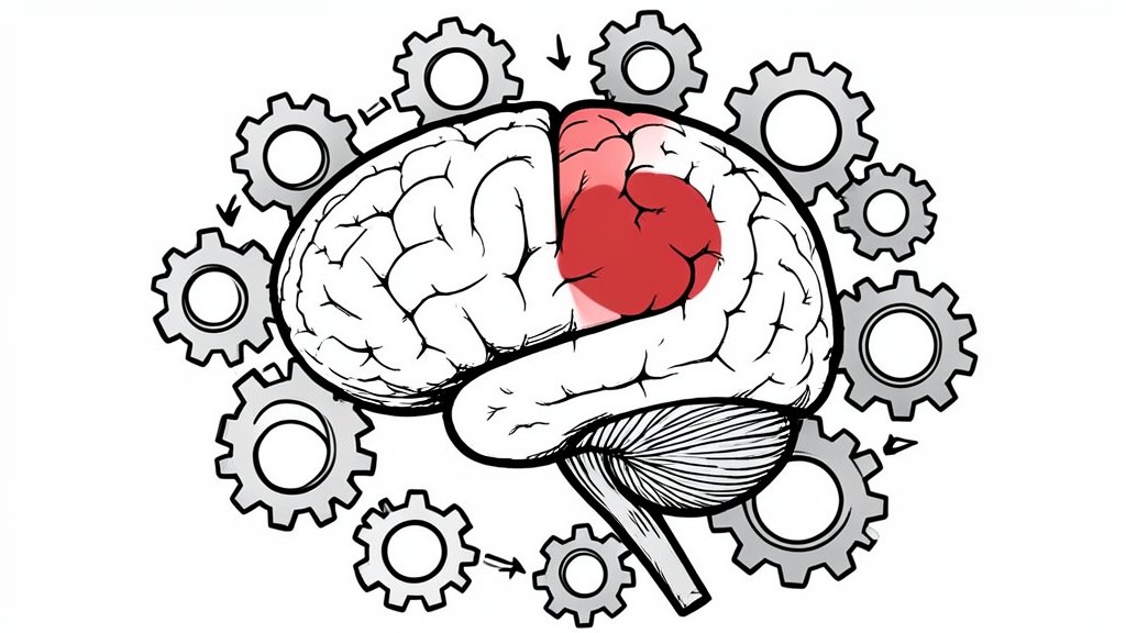 An illustration of the brain with a highlighted area representing the motivation brake, surrounded by gears and cogs to symbolize the complexity of mental processes.