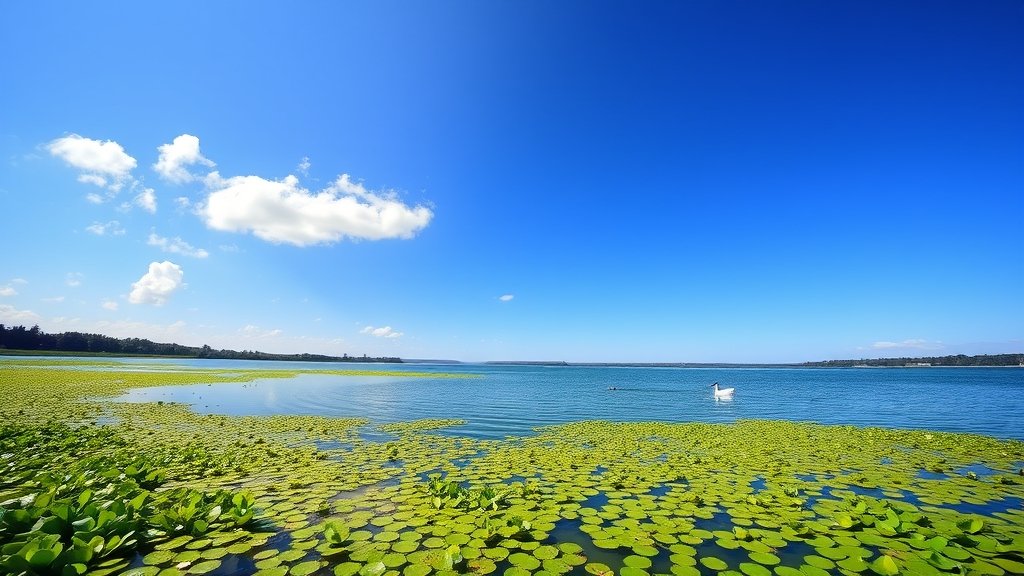 A serene lake with lush green charophytes growing in the water, with a few water birds swimming in the background, under a clear blue sky with a few fluffy white clouds