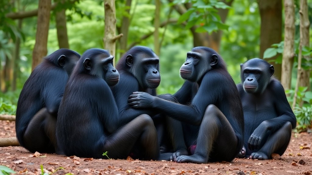 A group of bonobos sitting together in a forest, with a few of them embracing or holding hands, surrounded by lush green trees and a calm atmosphere.