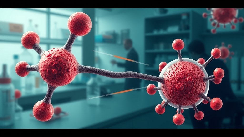 A detailed illustration of an enzyme being blocked by a specific molecule, with a background of a laboratory setting where scientists are working to develop new treatments.