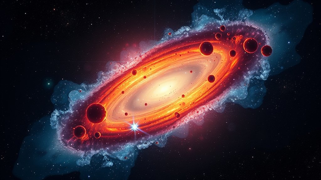 A vibrant, colorful illustration of a young galaxy cluster with hot, glowing gas and stars in the background, set against the inky blackness of space, with a few stars and galaxies visible in the distance.