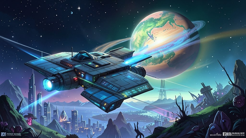 An illustration of a spacecraft discovering a new exoplanet with a potentially habitable atmosphere, with a cityscape or alien landscape in the background.