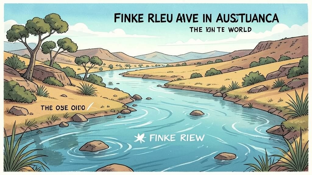 A scenic and informative illustration of the Finke River in Australia, highlighting its unique features and significance as the oldest river in the world.