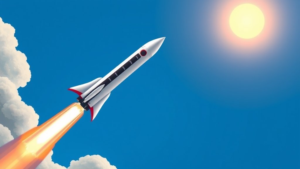 A detailed illustration of the SpaceX Falcon 9 rocket launching into space with 29 Starlink satellites on board, set against a clear blue sky with the sun shining down.