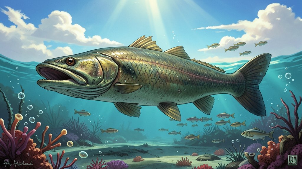 A detailed illustration of a massive prehistoric fish swimming in an ancient ocean filled with plankton, with a school of smaller fish in the background, under a sunny sky with a few clouds.