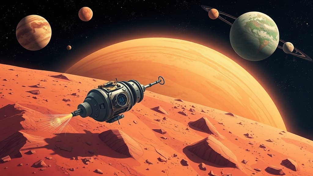 An illustration of a spacecraft exploring the surface of Mars, with a robotic arm collecting samples, and a background of stars and planets, representing the search for life beyond Earth.