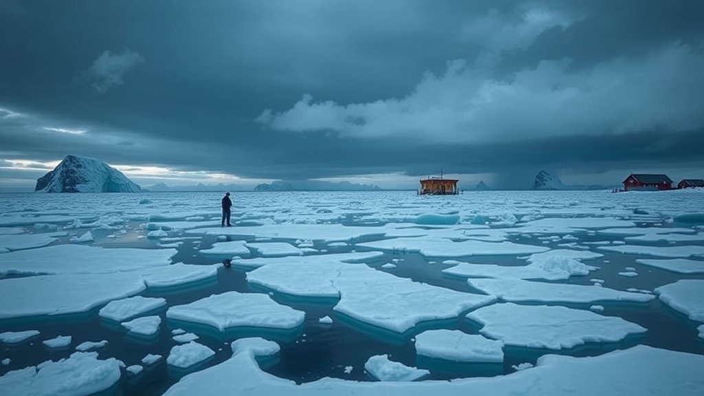 A dramatic image of Antarctica's melting ice sheets with a research station in the background, conveying the urgency of climate change and its impact on the continent's ecosystem.