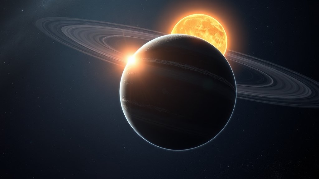 An illustration of a sub-Earth exoplanet in the foreground with its host star in the background, showcasing the planet's unique features and the star's influence on its atmosphere.